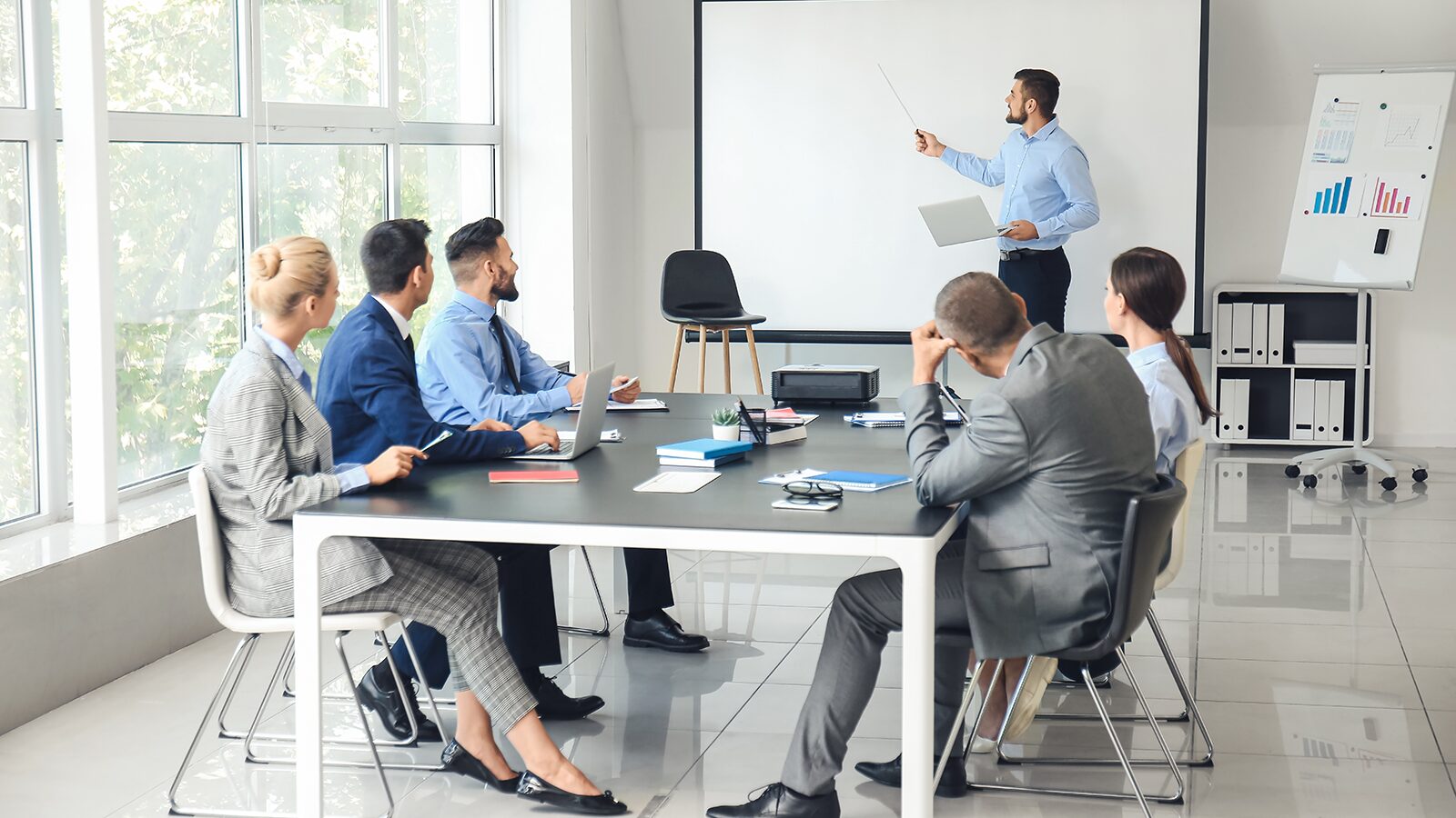 Professional presenting to colleagues in a conference room